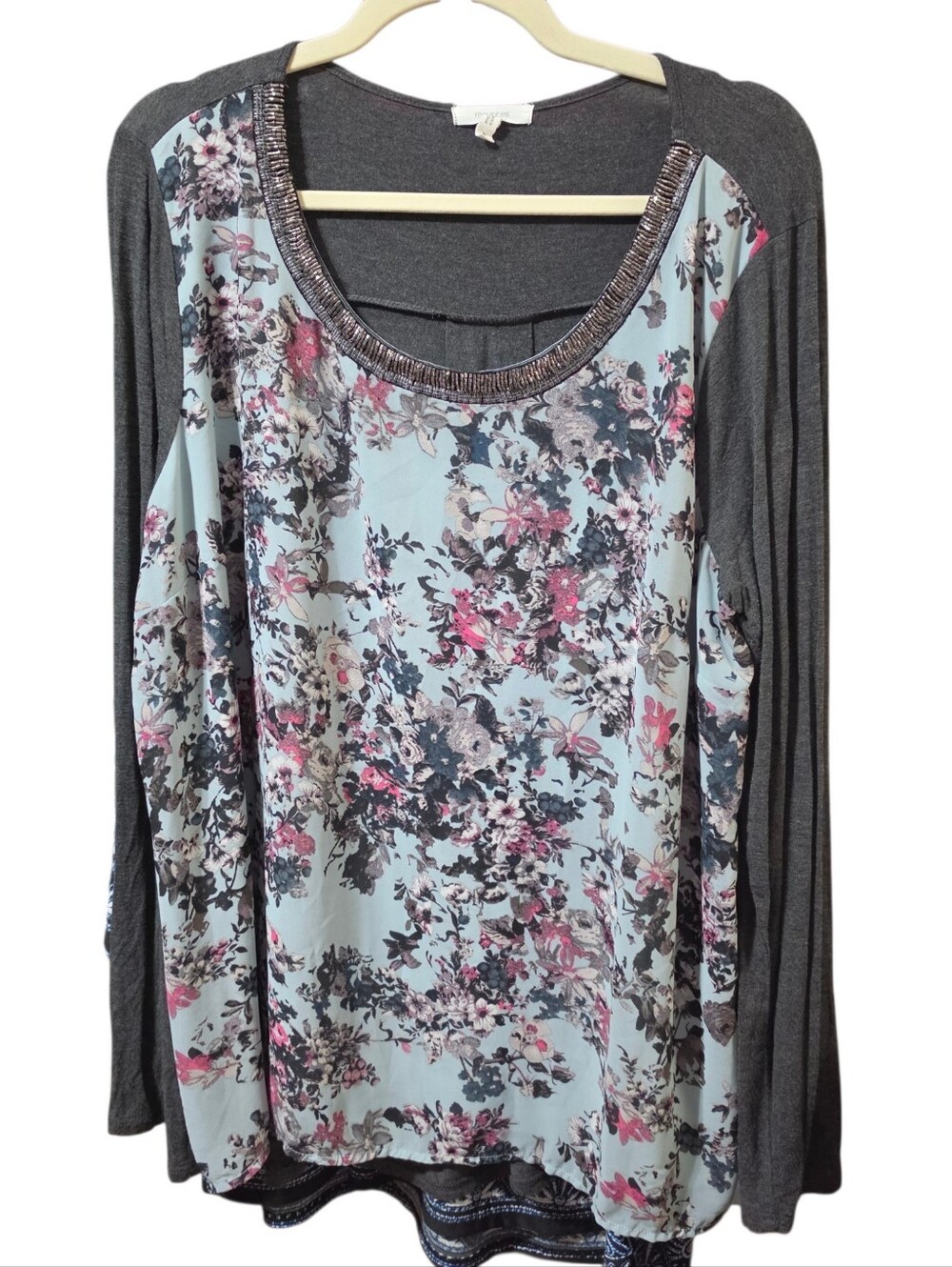 Maurices Floral Scoop Neck Long Sleeve Top - Gray & Light Blue